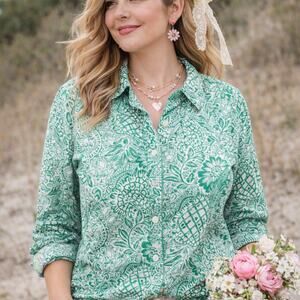 Green White Paisley Floral Slim Fit Button Down Blouse Shirt Size S | Ruby Rd